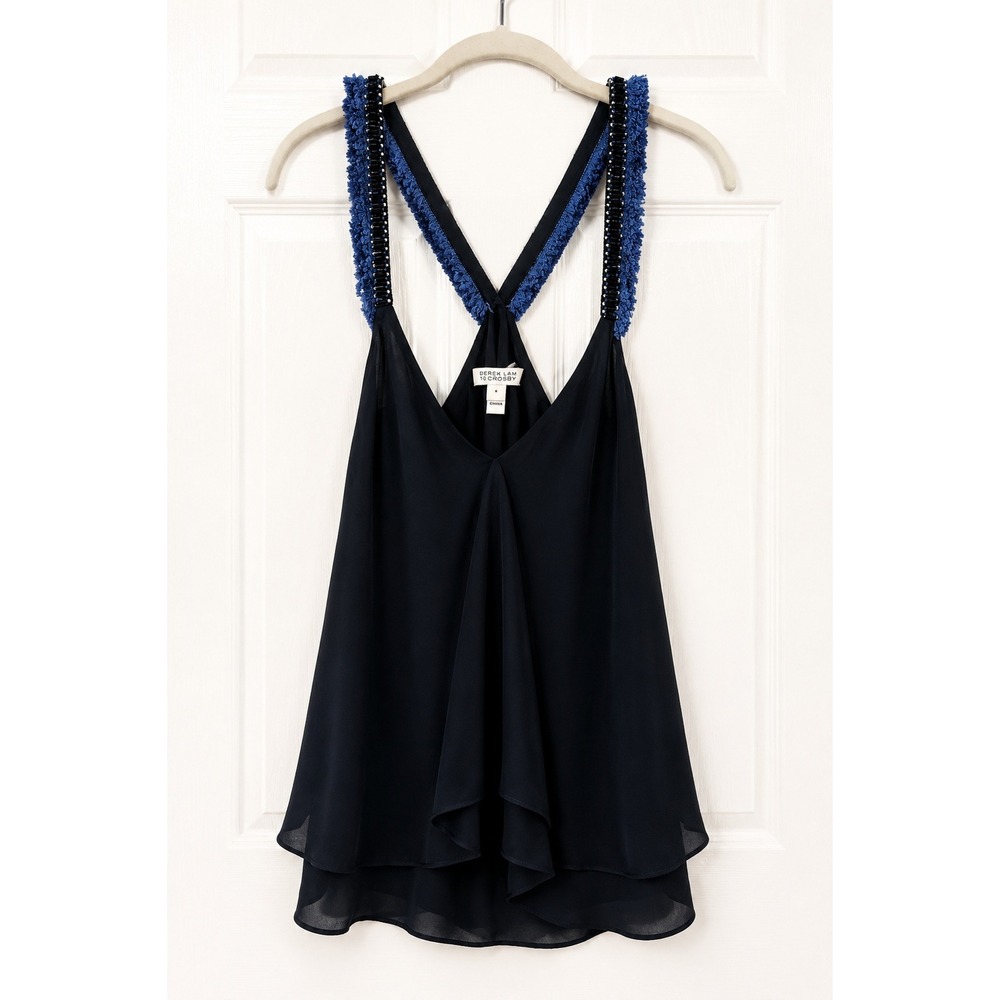 Derek Lam 10 Crosby Silk Cami Tank 6 Navy Blue Beaded Textured Strap Layered Hem